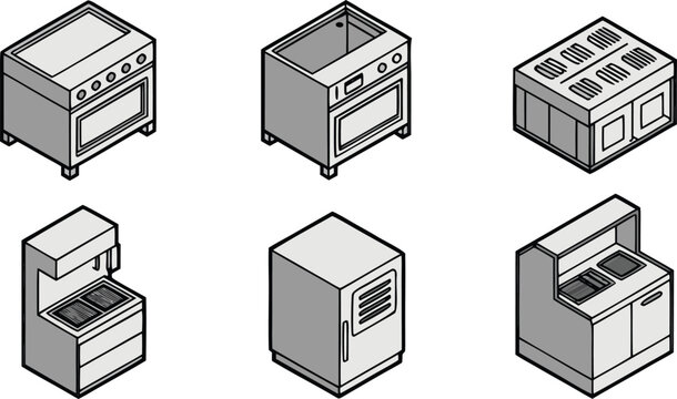 Isometric of stainless steel kitchen ovens and fryers isometric kitchen equipment
