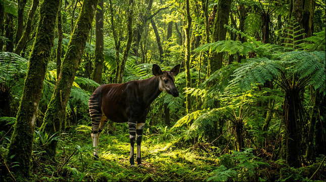 Okapi standing in lush rainforest with ferns and tall trees