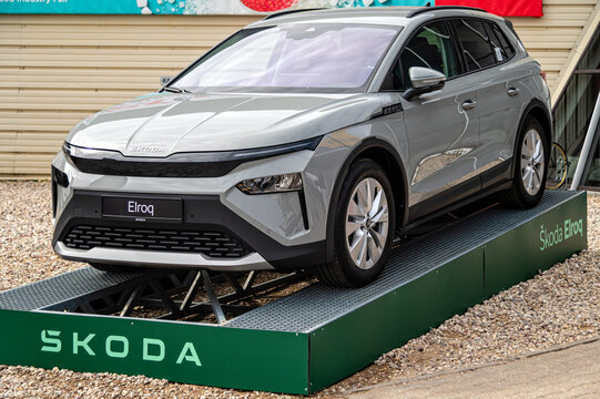 Skoda Elroq electric crossover displayed at motorshow with focus on design and details