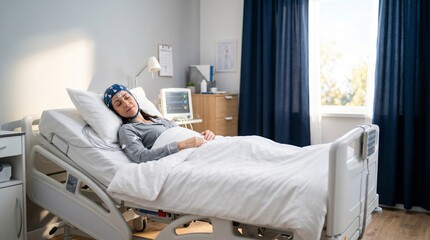 Obraz premium Female patient undergoing polysomnography sleep study in hospital bed