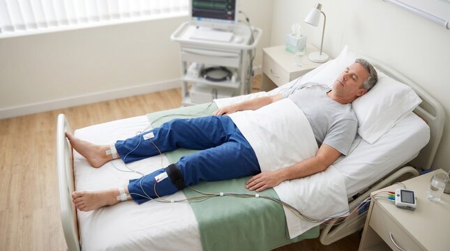 Mature man undergoing polysomnography sleep study in clinical room