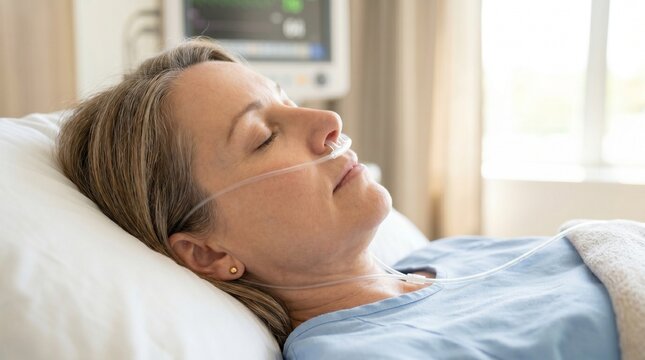 Mature woman sleeping with nasal cannula in clinical hospital room