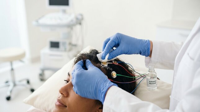 Medical professional attaching EEG electrodes to woman in clinic