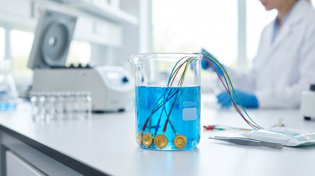 Medical electrodes submerged in blue liquid beaker for laboratory testing