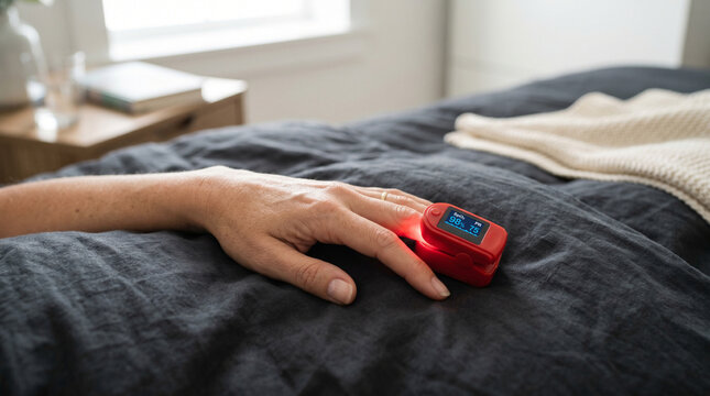 Patient monitoring blood oxygen levels with pulse oximeter in bed