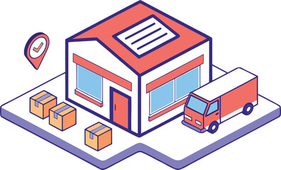 Fototapeta premium Isometric warehouse interior with red shelves, blue delivery truck, and stacked colorful boxes