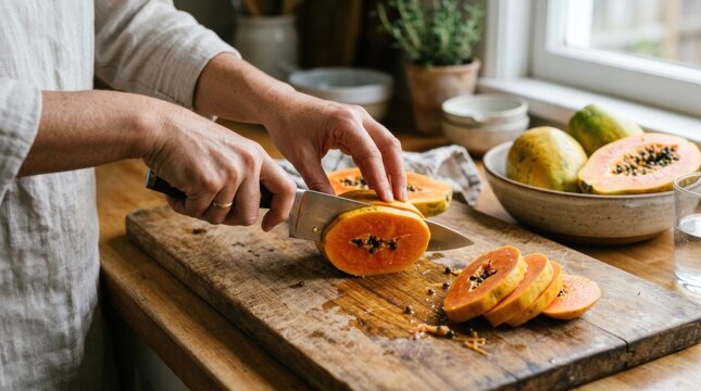 woman cutting bread with knife