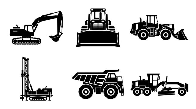 Heavy Construction Machinery and Mining Vehicles Icon Set with Hydraulic Excavator, Crawler Bulldozer, Wheel Loader, Rotary Drilling Rig, Off-Highway Dump Truck, and Motor Grader Black Glyph Vector 