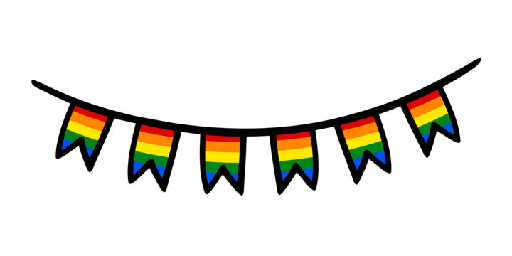 Rainbow garlang pride month lgbt symbol, colorful bunting flags on string doodle spectrum queer identity freedom love diversity sign human orientation rights concept. Isolated. Vector illustration.