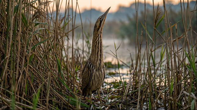 Eurasian bittern camouflaged among tall reeds at dusk