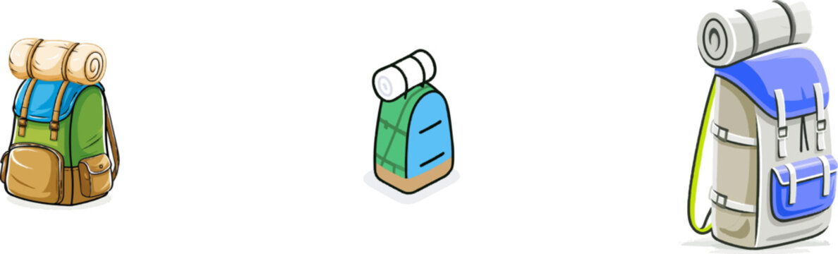 A vibrant corporate blue and earthy tan adventure backpack with a rolled sleeping bag on its back, set against a solid white background in a slight isometric view, showcases minimalist geometric