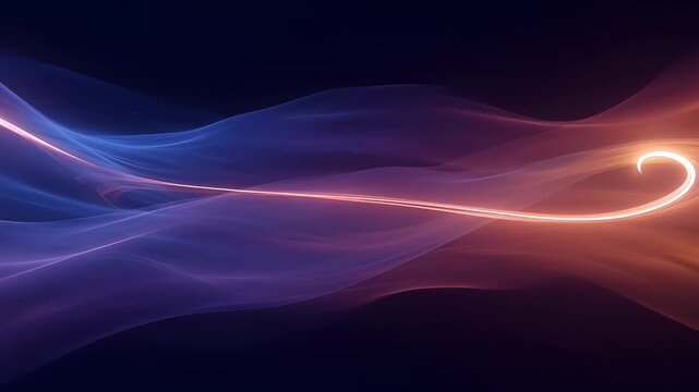 Abstract background with glasses refraction and dispersion in flowing wave light, blue and orange glow, colorful motion trail on dark gradient background for SEO search