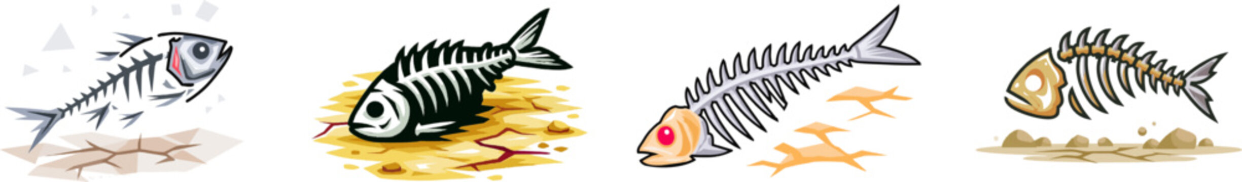 A minimalist geometric fish skeleton lies on a cracked riverbed, its bones outlined in black against warm earthy tones
