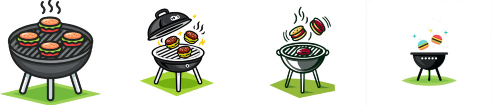 A vibrant outdoor garden grill with three juicy burgers sizzling atop, surrounded by a simple geometric green plane in a slight isometric view