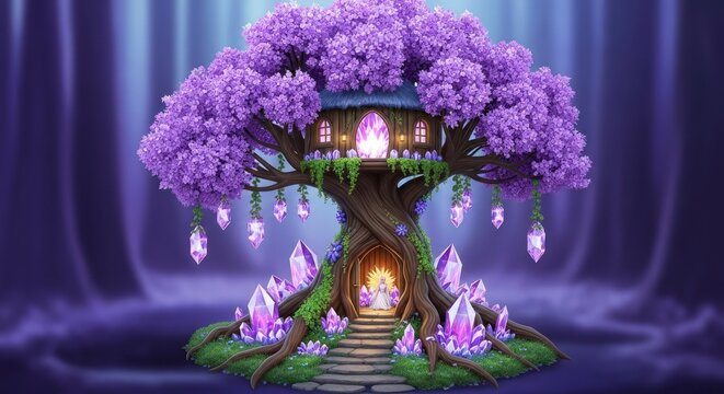 Illustration fantastique d'une cabane dans les arbres, for&ecirc;t enchant&eacute;e avec feuillage violet et cristaux.