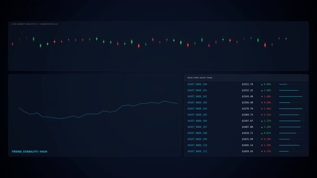 A digital dashboard displays real-time financial data with line charts, trend graphs, and multiple tables of market information