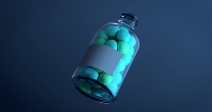 A 3D rendered glass bottle filled with blue and green capsules floats against a dark blue background in a clean medical visualization.