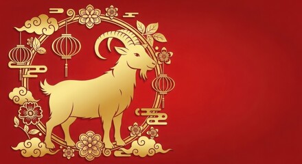 Fototapeta premium Gold goat on red background with chinese new year decorations illustration