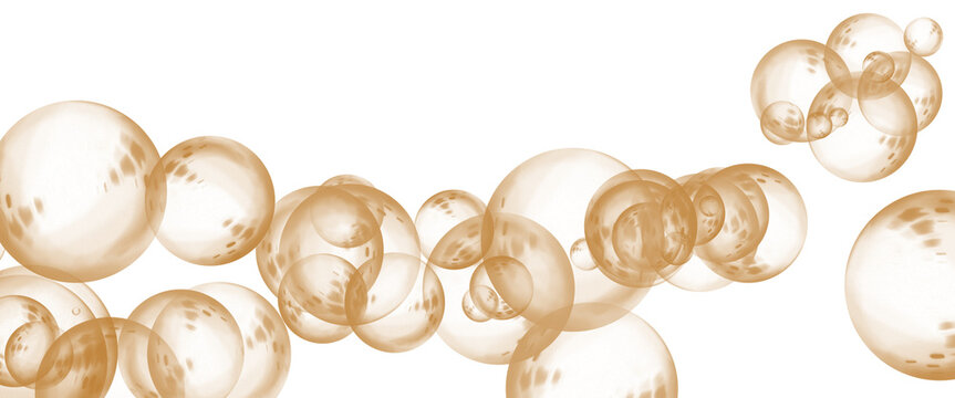 Golden champagne bubbles on white background, sparkling amber liquid spheres, luxury carbonated drink effervescence for celebration and party design