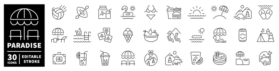 Fototapeta premium Collection of summer vacation and travel icons for paradise destinations