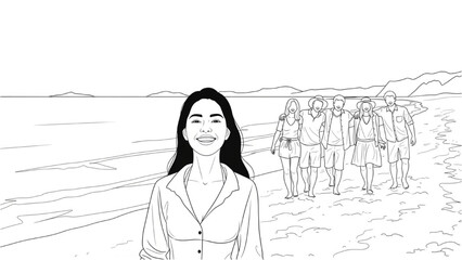 Woman in 2D CAD illustration stands on beach with people © Stock Image Paradise
