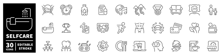 Collection of selfcare icons representing relaxation, health, and personal well-being activities © Jocelyn_Flores
