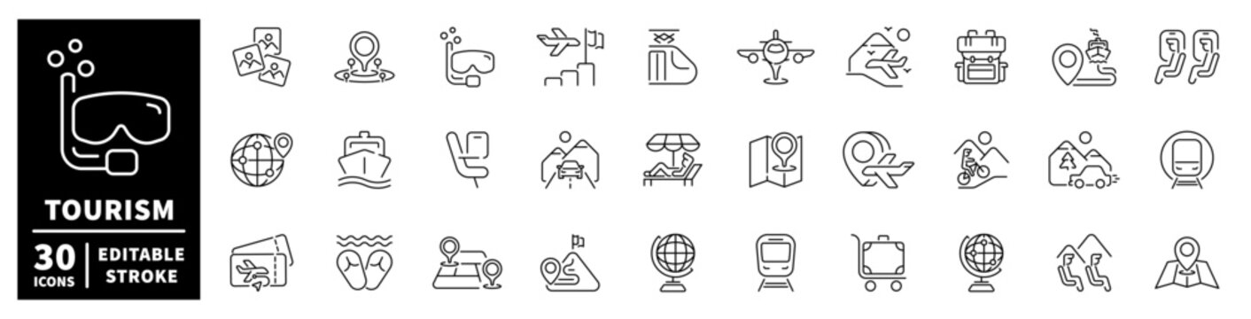 Collection of tourism and travel icons in a minimalist black and white design