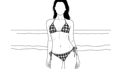 Woman in 2D CAD bikini stands by wavy beach line © Stock Image Paradise