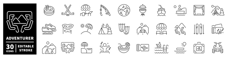 Collection of editable stroke icons for adventure and leisure activities © Jocelyn_Flores