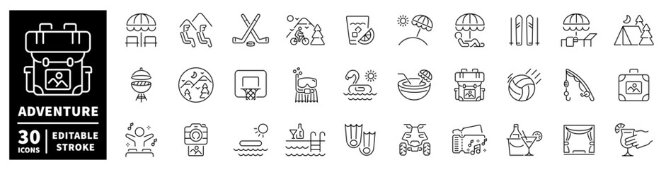 Fototapeta na wymiar Collection of adventure and leisure icons for travel and recreation