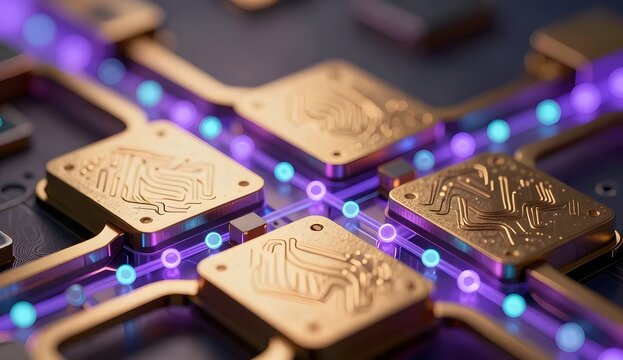 Interconnected quantum processor network with glowing data pathways, AI and supercomputing concept