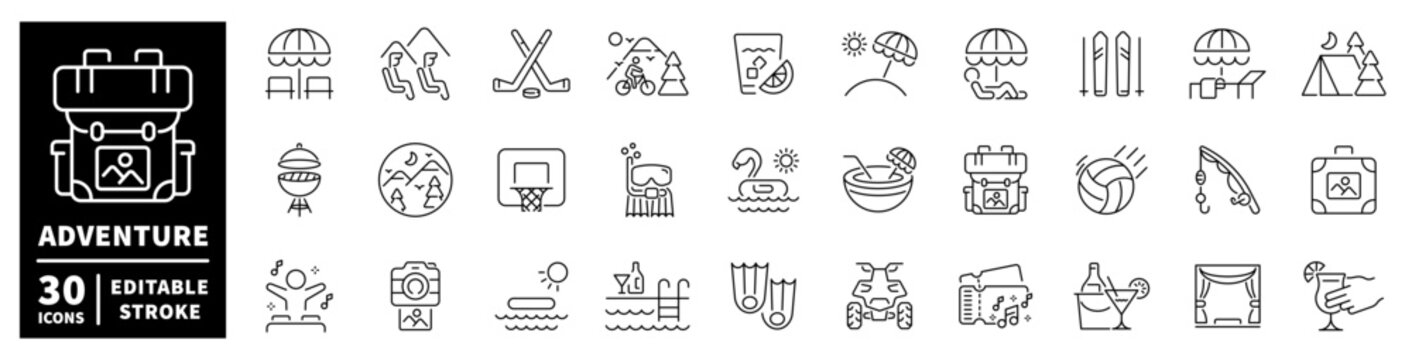 Collection of adventure and leisure icons for travel and recreation