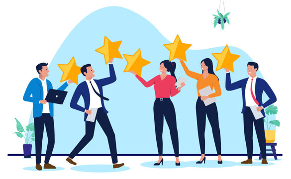 Happy corporate business team holding up five gold stars to celebrate excellent customer reviews and top rating, flat design vector illustration of quality feedback and reputation success