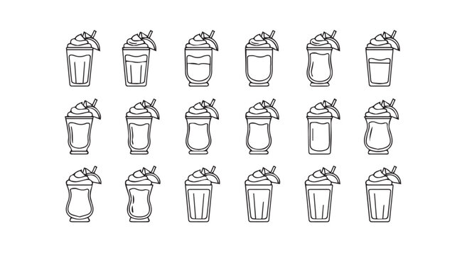 Collection of stylized iced coffee drinks with whipped cream and mint leaf garnish