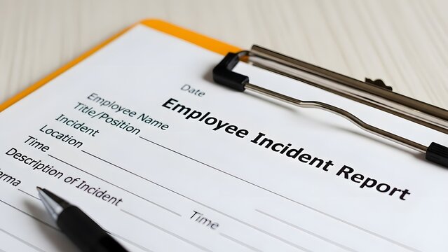 Close-up of an "employee incident report" form on a clipboard with a pen.