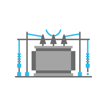Substation Transformer Assembly, High Voltage Bushings With Busbars And Insulators, Modern Style, Industrial Vector Icons, Utility System Icons, Flat Illustration