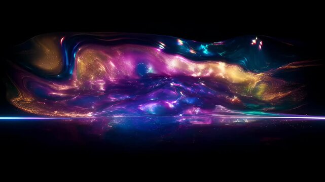 Abstract background glasses refraction dispersion colorful light wave glimmering fluid energy across black void, with glowing cosmic swirl and futuristic blue purple light wave dark space