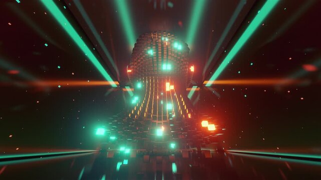Artificial Intelligence 3d animation with glowing 3D human head made of voxels. Seamless loop of digital mind visualization with purple and orange lights, data particles and futuristic glitch effects