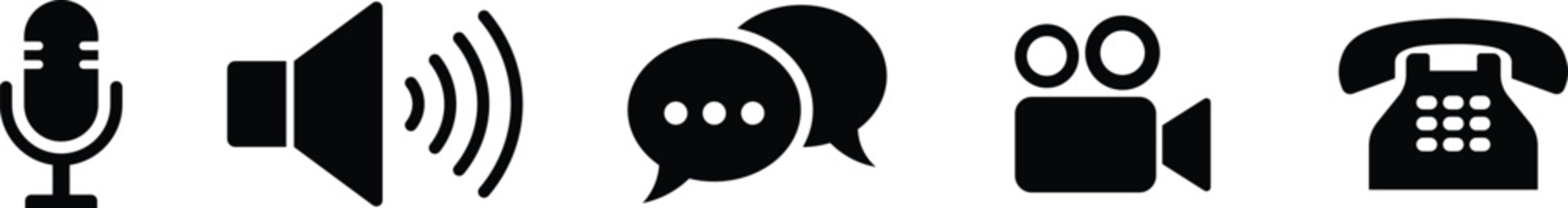 Black of microphone, speaker, chat bubbles, camera, and telephone sound waves speech