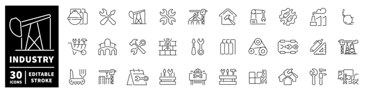 Collection of industrial and construction icons with tools and machinery