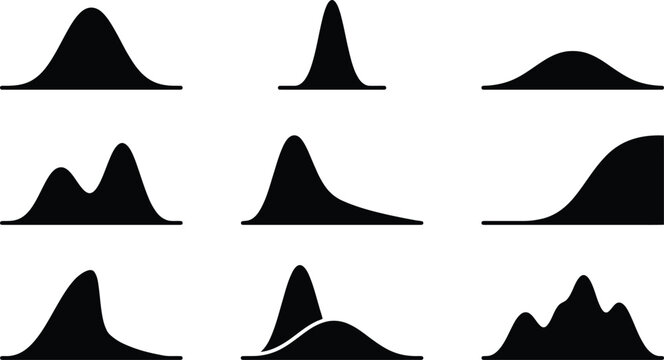 Statistical Normal Distribution Bell Curve Graphs Vector Icon Set for Data Analysis, Scientific Research & Mathematical Education Presentations (EPS)