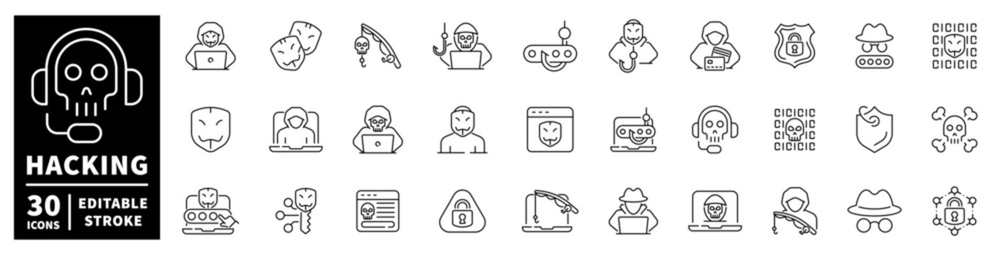Cybersecurity and hacking icons collection for digital security and online threats