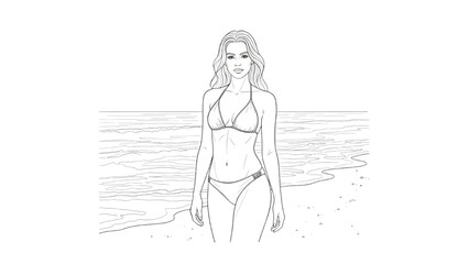 A woman in a bikini stands on the beach by the ocean in a 2D CAD illustration. © Stock Image Paradise