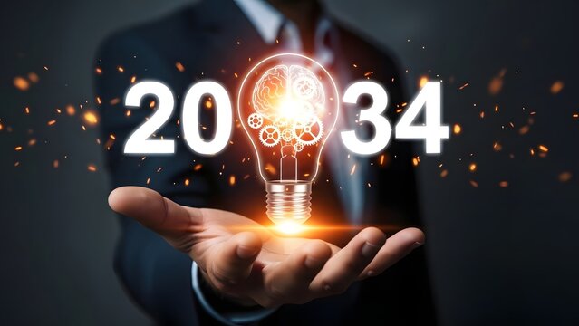 Man's hand holds a glowing light bulb displaying a futuristic brain and gears, marking the year 2034.