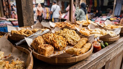Obraz premium Traditional Indonesian Fried Snacks at Market Stall