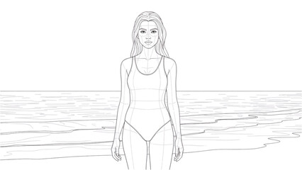 Woman in swimsuit created with 2D CAD stands on beach © Stock Image Paradise