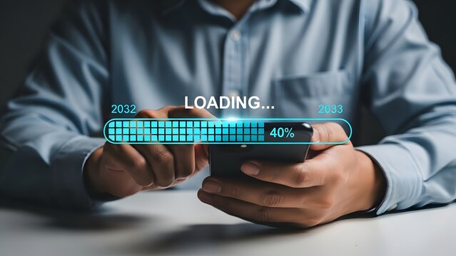 Person holds a smartphone displaying a loading progress bar between future years 2033 and 2034.