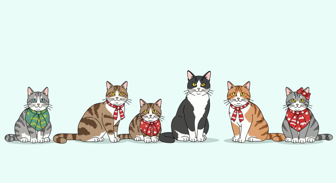 Six adorable cats sitting together wearing festive scarves.
