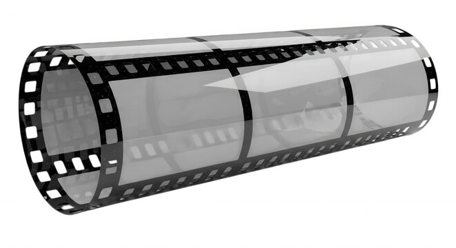 A transparent, cylindrical roll of 35mm photographic strip isolated against a solid black background, showing sprocket holes and frames