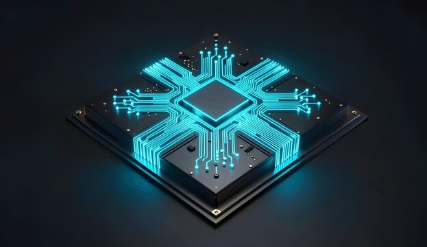 Futuristic AI microchip processor on dark background, glowing blue circuit traces for quantum computing and cybersecurity concept
